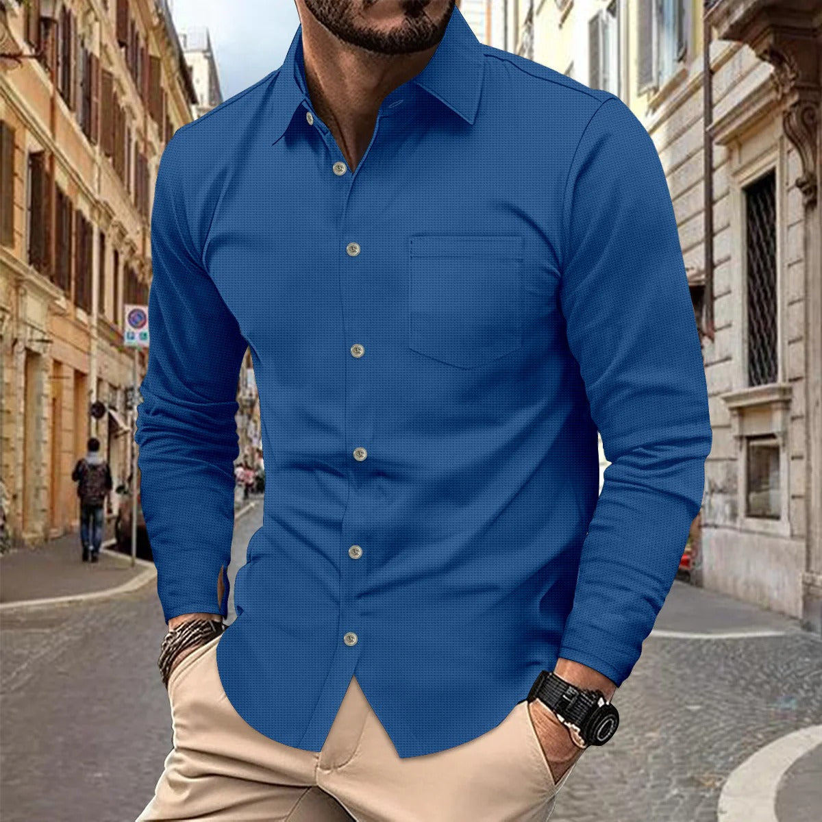 Herren Langarmhemd – Slim Fit – Atmungsaktiv – Knopfleiste mit Brusttasche