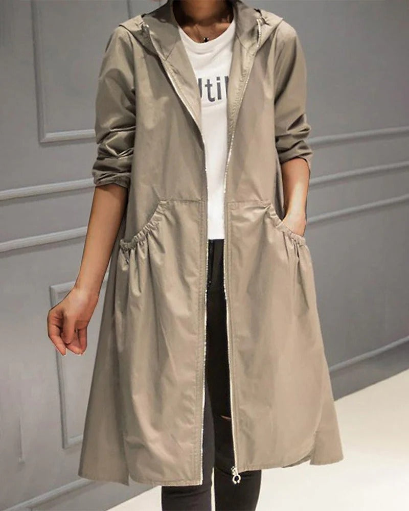 Damen Trenchcoat – Wasserdicht – Lockere Passform – Mit Kapuze und Reißverschluss