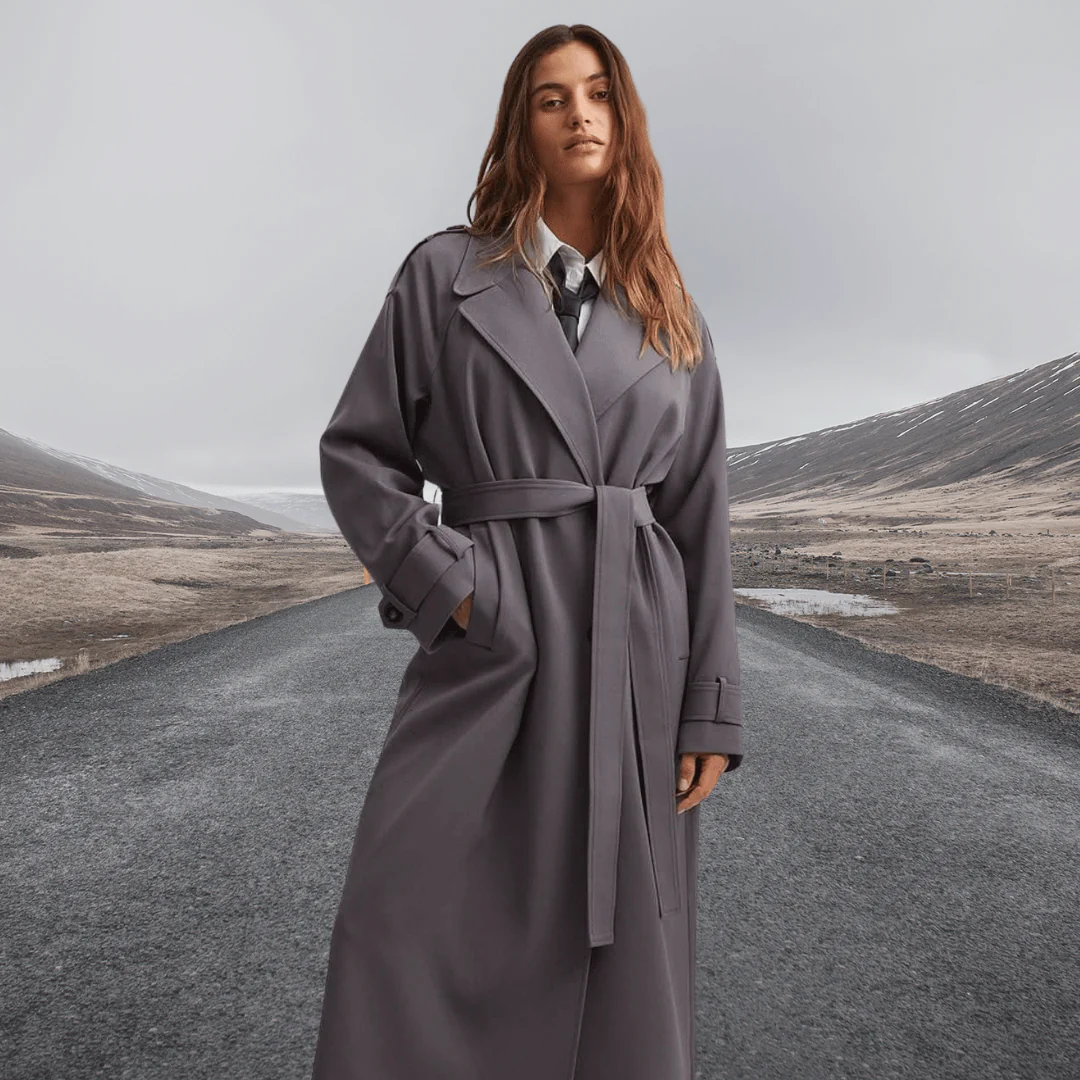 Damen Trenchcoat – Wollmix – Lockerer Schnitt – Knöchellang – Bindegürtel