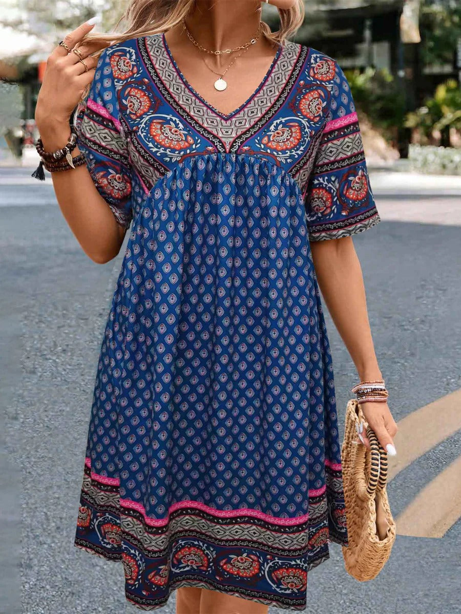 Damen Kleid – Lockerer Schnitt – V-Ausschnitt – Ethno-Muster – Baumwollgefühl – Knielang