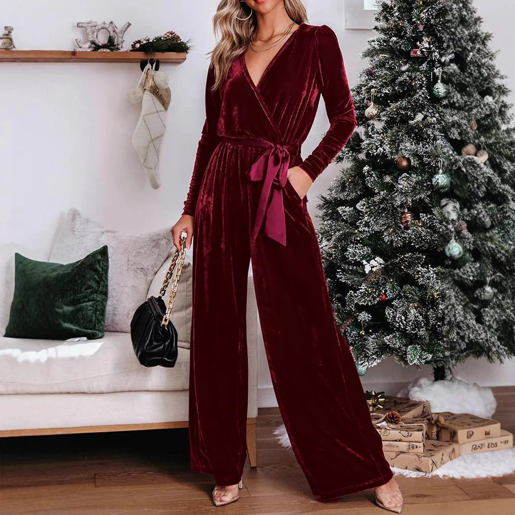 Damen Jumpsuit – Taillierte Passform – Velours – V-Ausschnitt – Langarm – Weites Bein