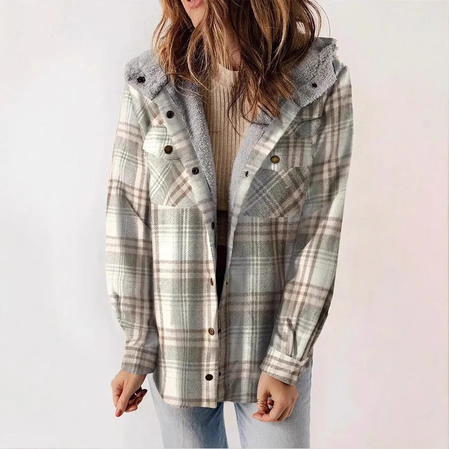 Damen Freizeithemd – Relaxed Fit – Flanelloptik – Fleecegefüttert – Kapuze – Karomuster