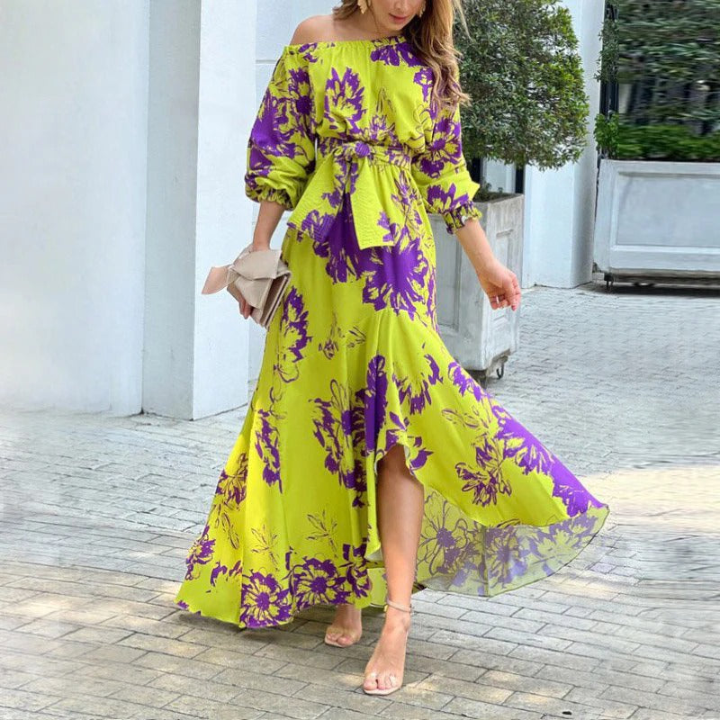 Damen Maxikleid – Lockerer Schnitt – Puffärmel – Asymmetrischer Saum – Taillengürtel