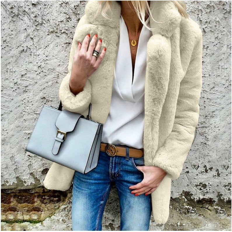 Damen Mantel – Kunstfell – Oversized Schnitt – Umlegekragen – Lang geschnitten