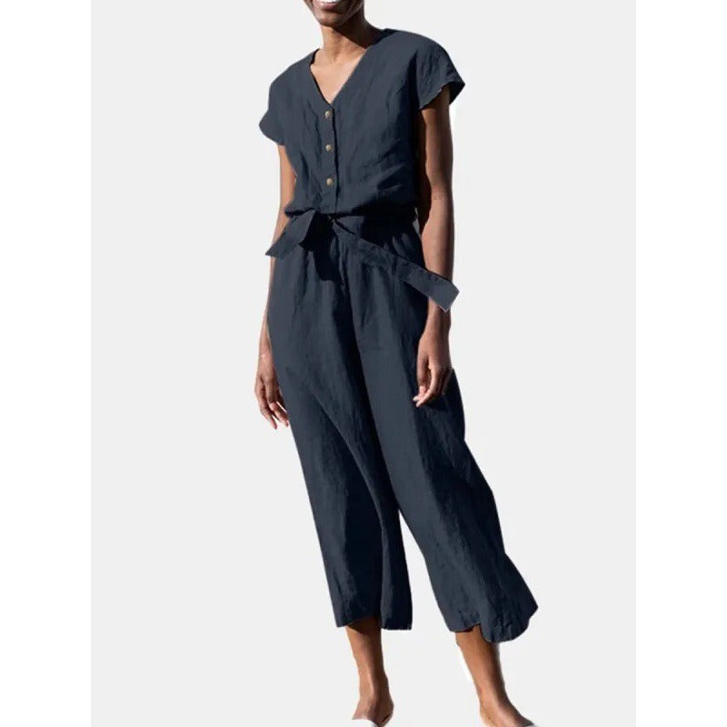 Damen Jumpsuit – Baumwollmix – V-Ausschnitt – Kurzarm – Bindegürtel – Culotte-Länge