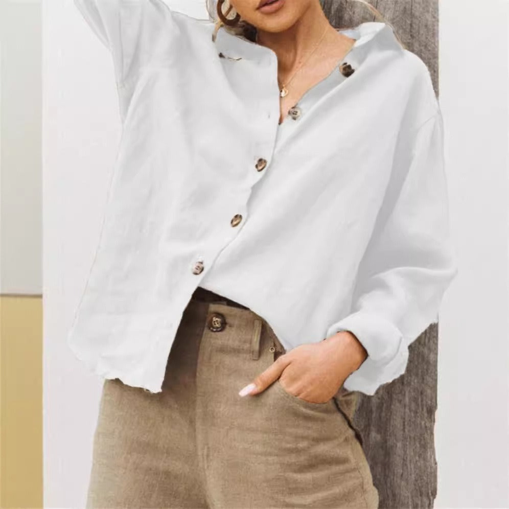 Damen Bluse – Lockerer Schnitt – Leichtes Cotton-Linnen – Langarm – Knopfleiste