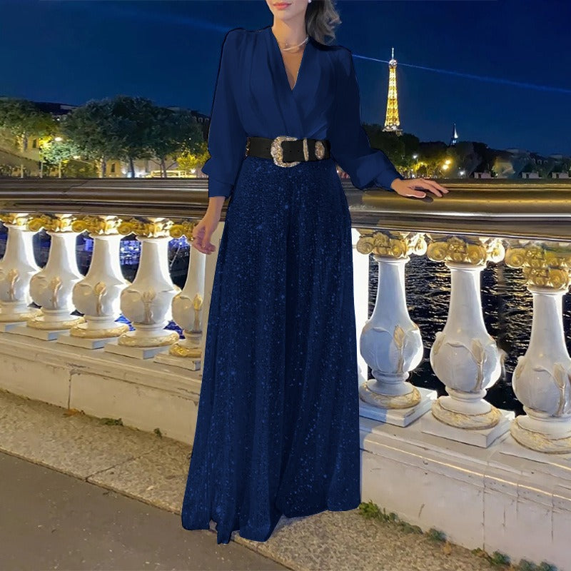 Damen Abendkleid – Taillierte Passform – V-Ausschnitt – Glänzender Maxirock