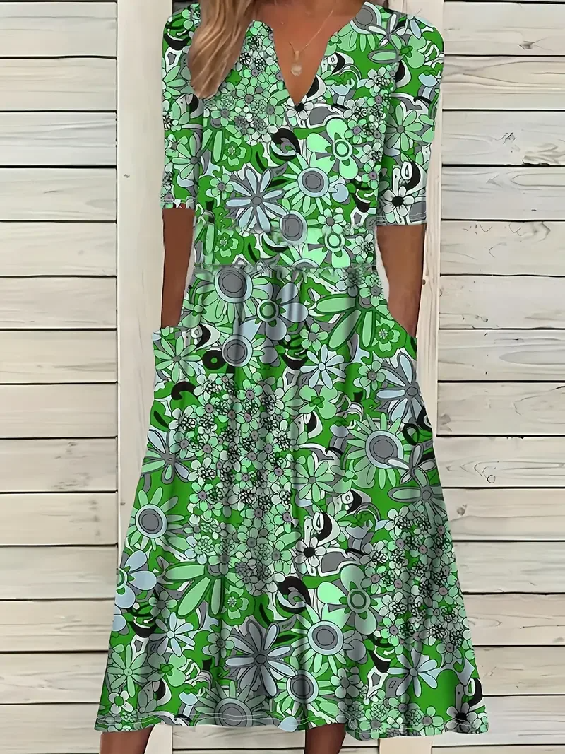 Damen Maxikleid – Fit and Flare – V-Ausschnitt – Kurzarm – Blumenmuster – Atmungsaktives Gewebe