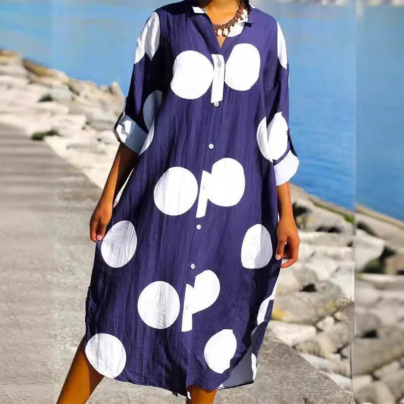 Damen Hemdblusenkleid – Oversized Passform – Knopfleiste – Punktmuster – Midilänge