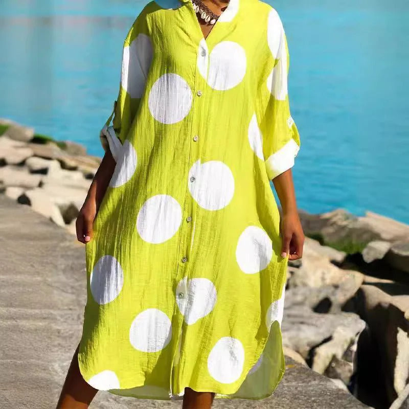 Damen Hemdblusenkleid – Oversized Passform – Knopfleiste – Punktmuster – Midilänge