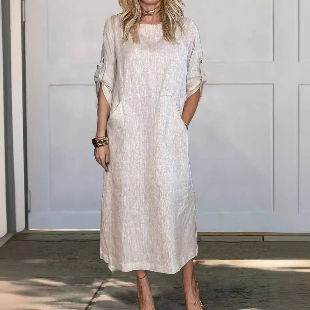 Damen Maxikleid – Linnen Stil – Lockerer Schnitt – Krempelärmel – Seitentaschen