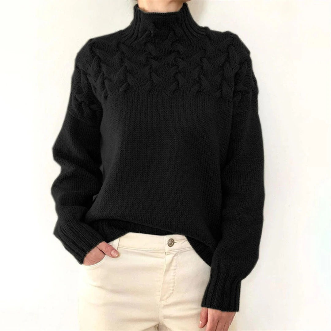 Damen Rollkragenpullover – Wollmix – Lockerer Schnitt – Grobstrick Zopfmuster