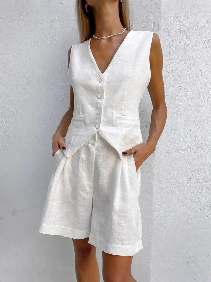 Damen Blazer Ärmellos – Linnen – Relaxed Fit – Tailliert – V-Ausschnitt – Knöpfe