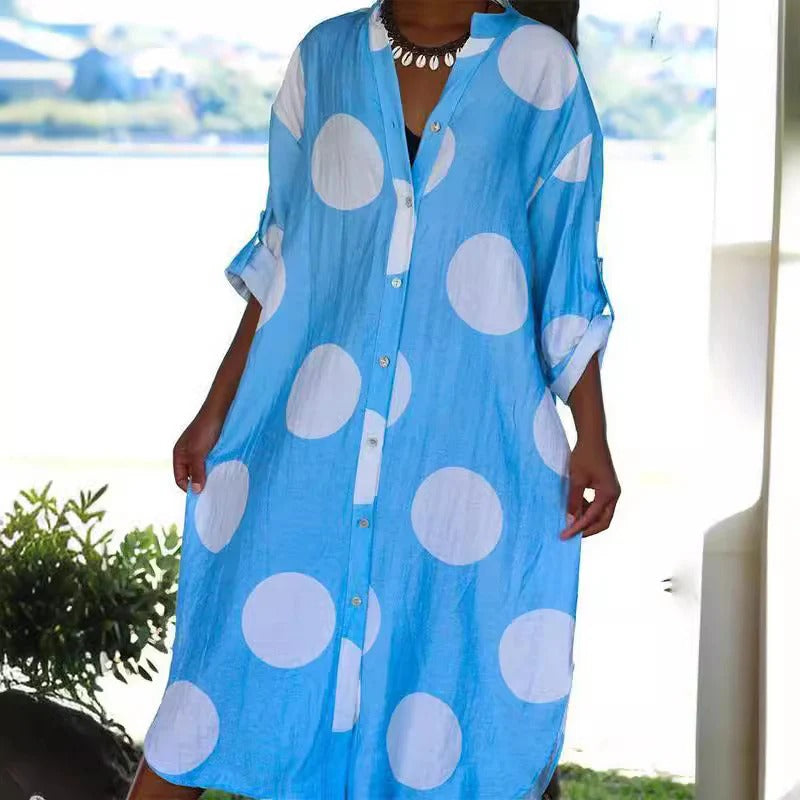 Damen Hemdblusenkleid – Oversized Passform – Knopfleiste – Punktmuster – Midilänge