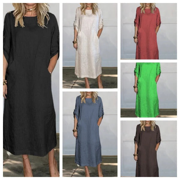 Damen Maxikleid – Linnen Stil – Lockerer Schnitt – Krempelärmel – Seitentaschen