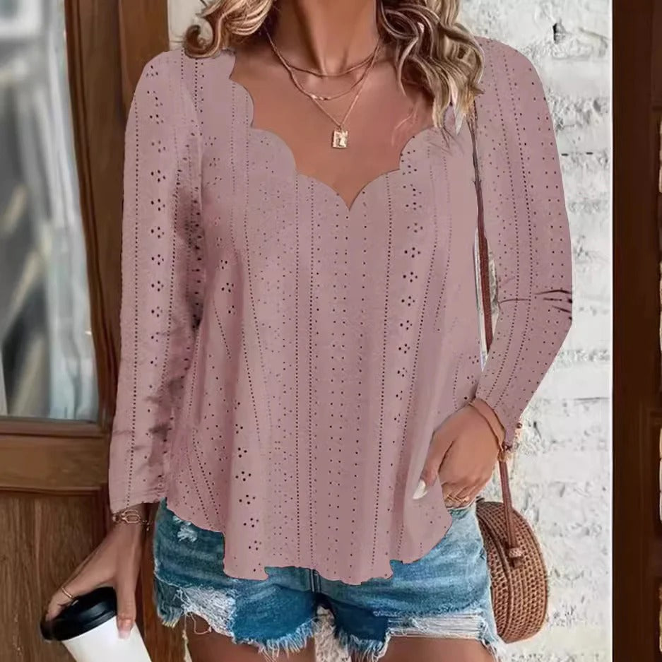 Damen Bluse – Lockere Passform – Florale Stickerei – Scallop-Ausschnitt – Langarm