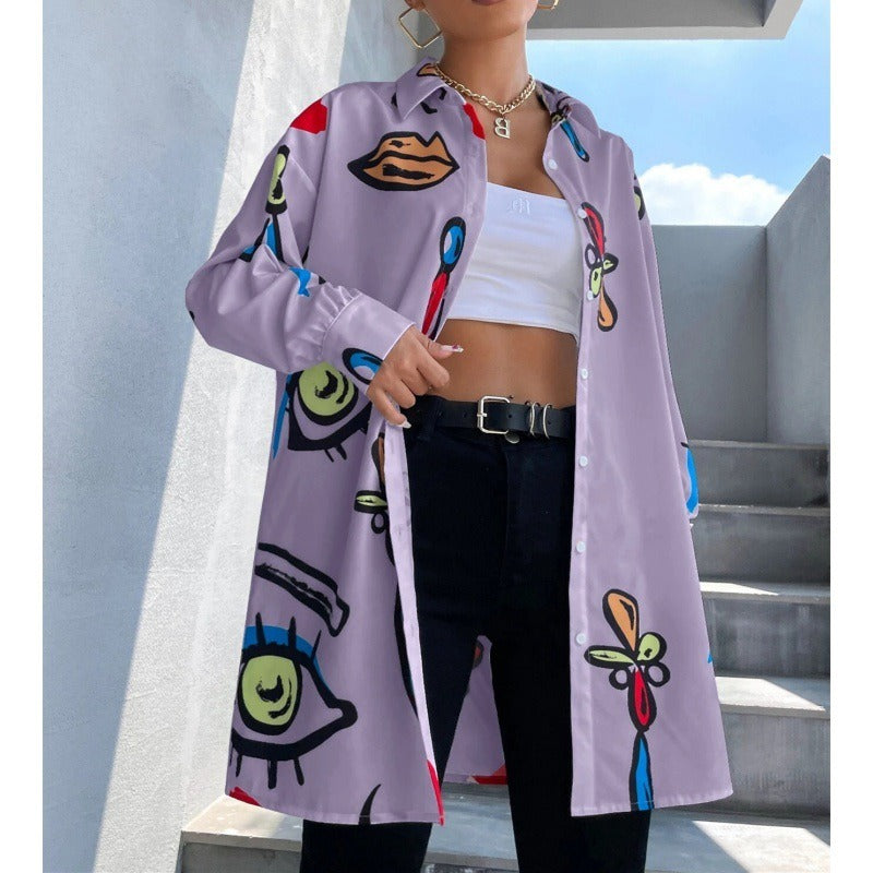 Damen Bluse – Lockerer Schnitt – Lange Ärmel – Baumwollstil – Grafikmuster