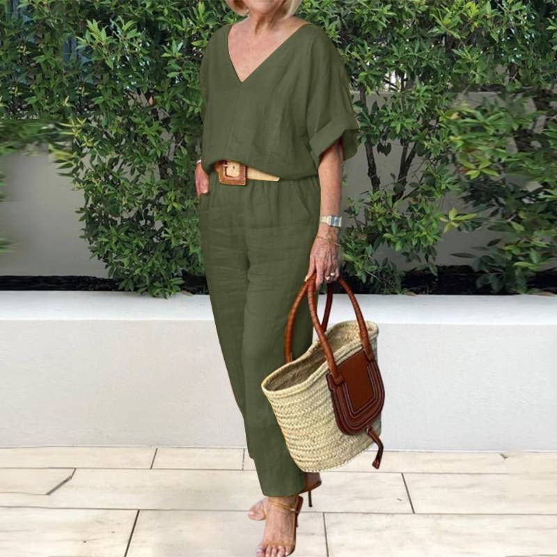 Damen Lounge Set – V-Ausschnitt Top und Tapered Hose – Linnen – Lockere Passform