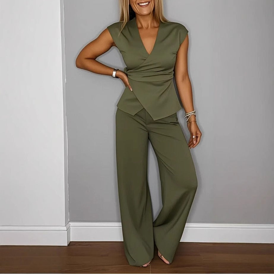 Damen Zweiteiler Set – Ärmelloses Wickeloberteil – Weite High-Waist Hose