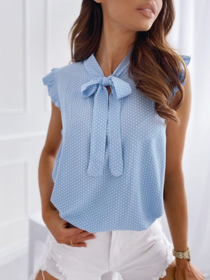 Damen Bluse ärmellos – Lockerer Schnitt – Schleifenkragen – Polka Dots – Rüschenärmeln