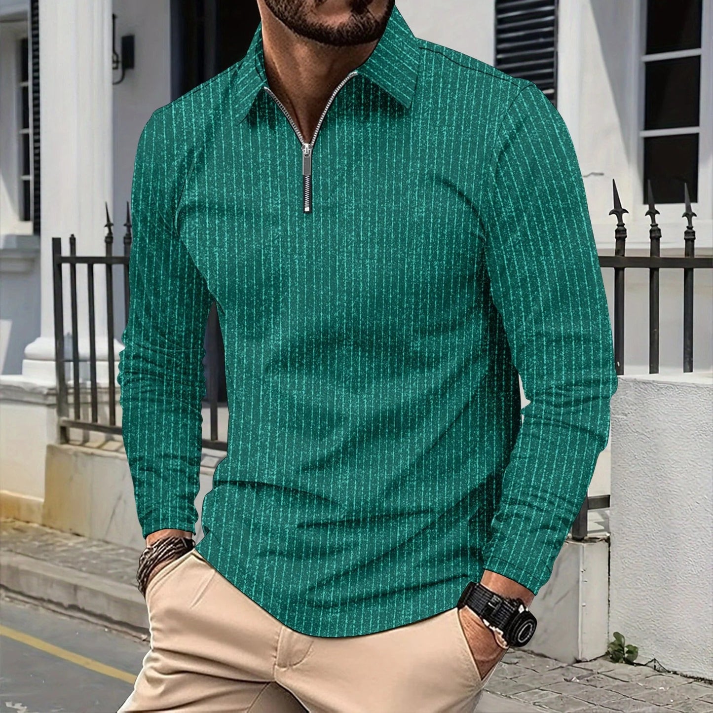 Herren Langarmhemd – Slim Fit – Stehkragen – Reißverschluss – Atmungsaktiv Baumwolle