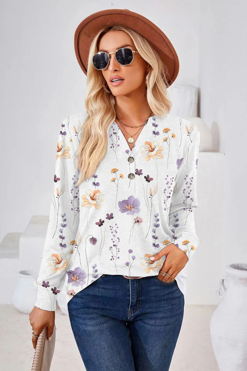 Damen Bluse – Lockerer Schnitt – Florales Muster – Knopfleiste – Atmungsaktives Material