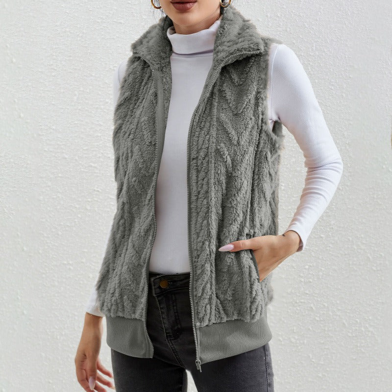 Damen Weste ärmellos – Jacquard Fleece – Reißverschluss – Hoher Kragen – Lockerer Schnitt