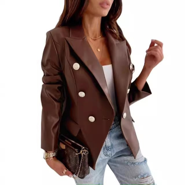 Damen Blazer – Taillierter Schnitt – Kunstleder-Optik – Doppelreihig – Strukturierte Schultern