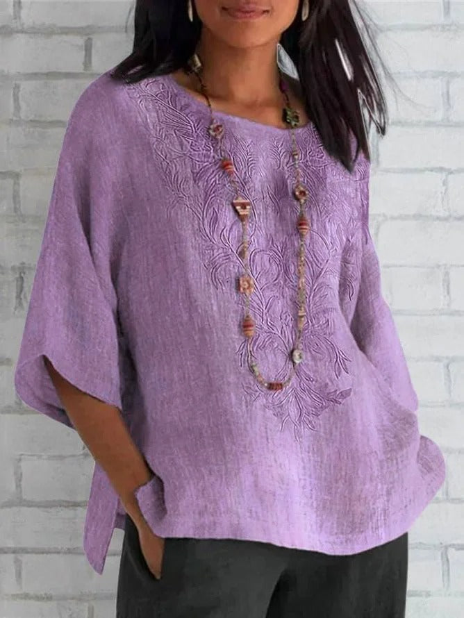 Damen Bluse – Lockerer Schnitt – Bestickte Front – Kurzarm – Natürliche Fasern