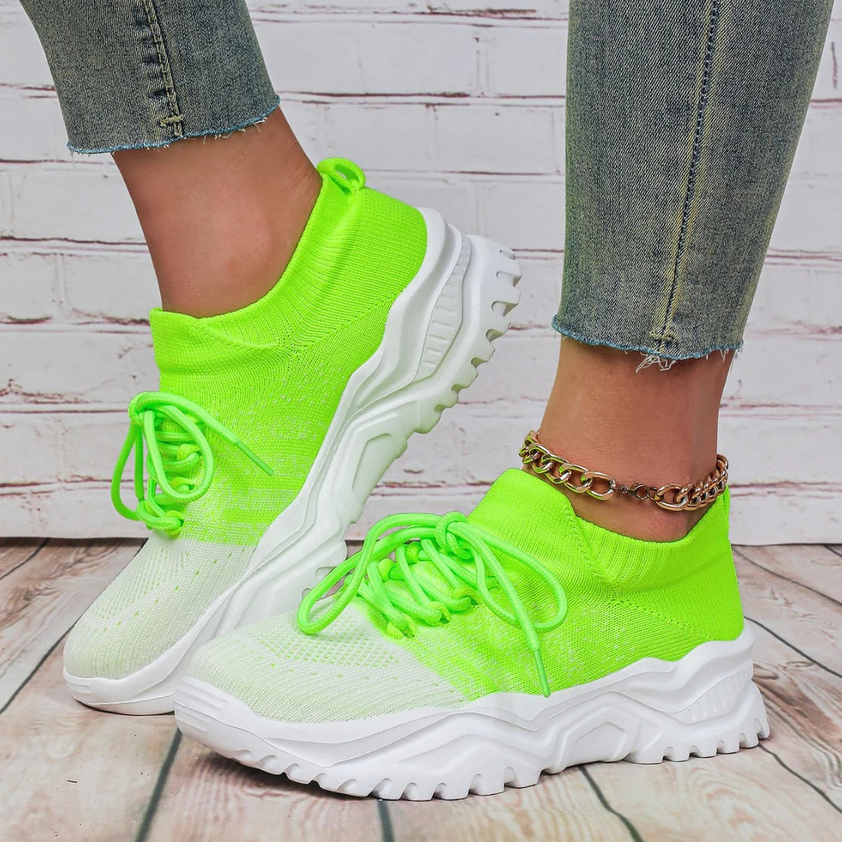 Damen Sneakers – Atmungsaktives Strickmaterial – Hoher Schaft – Rutschfeste Chunky-Sohle
