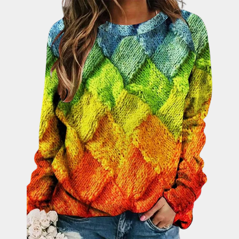 Damen Strickpullover – Wollmix – Lockerer Schnitt – Karomuster – Rundhalsausschnitt