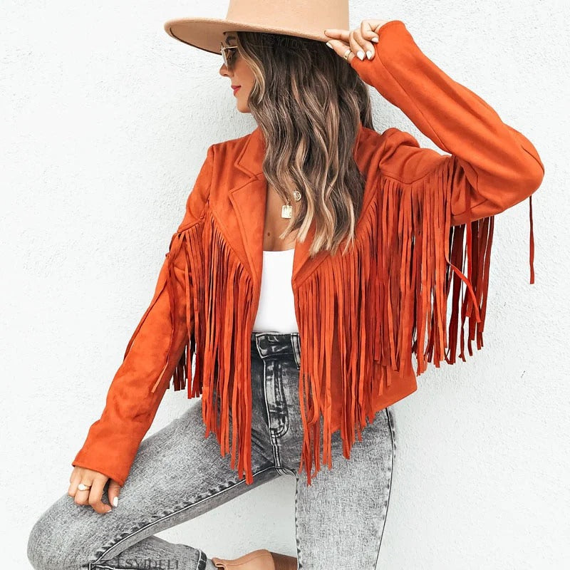 Damen Lederjacke – Taillierter Schnitt – Fransen Design – Hüftlanges Casual Modell