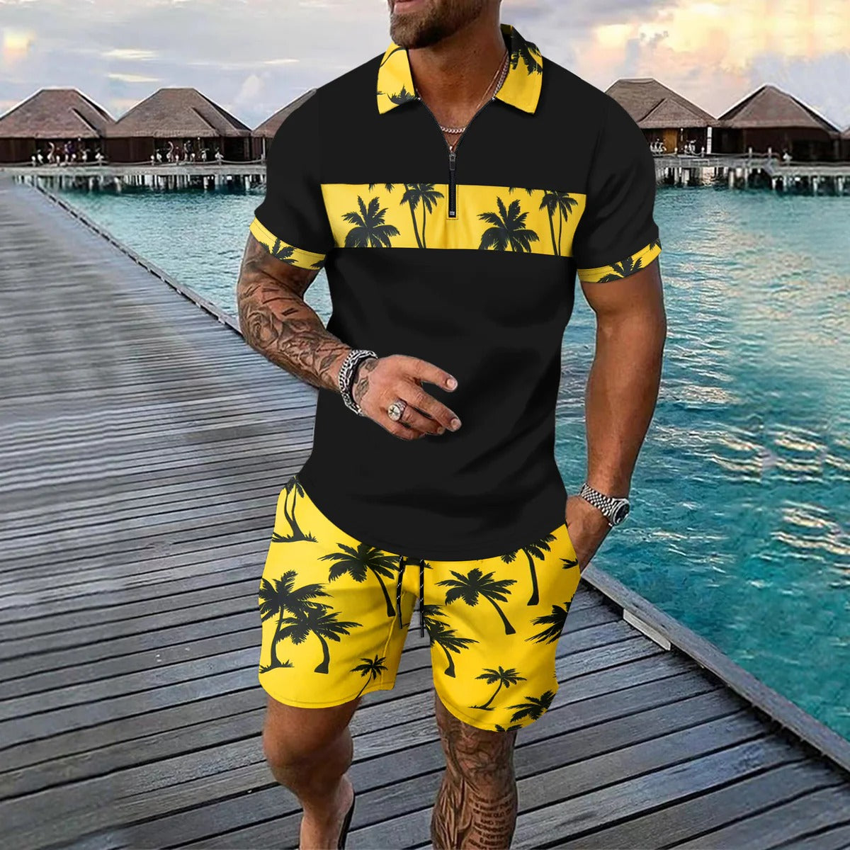 Herren Freizeitanzug – Tropical Muster – Zip-Poloshirt – Shorts mit Kordelzug