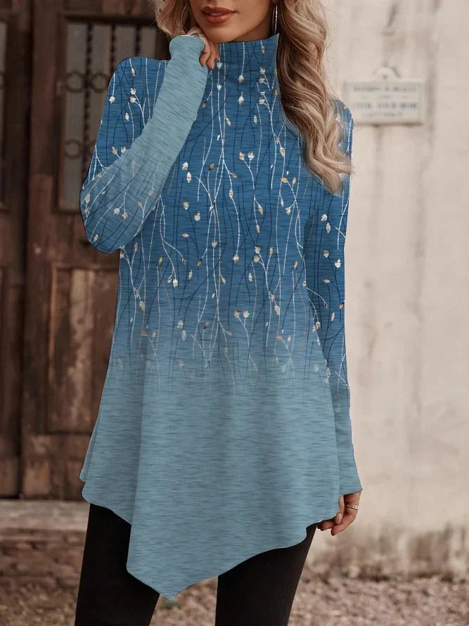 Damen Bluse – Lockerer Schnitt – Stehkragen – Langarm – Atmungsaktiv – Asymmetrischer Saum