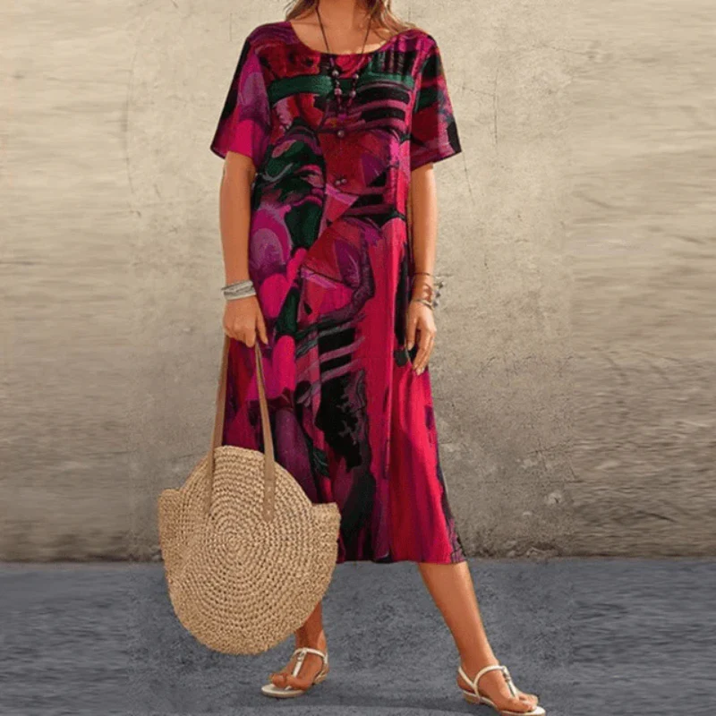 Damen Midikleid – Lockerer Schnitt – Baumwolle – Kurzarm – Abstraktes Muster