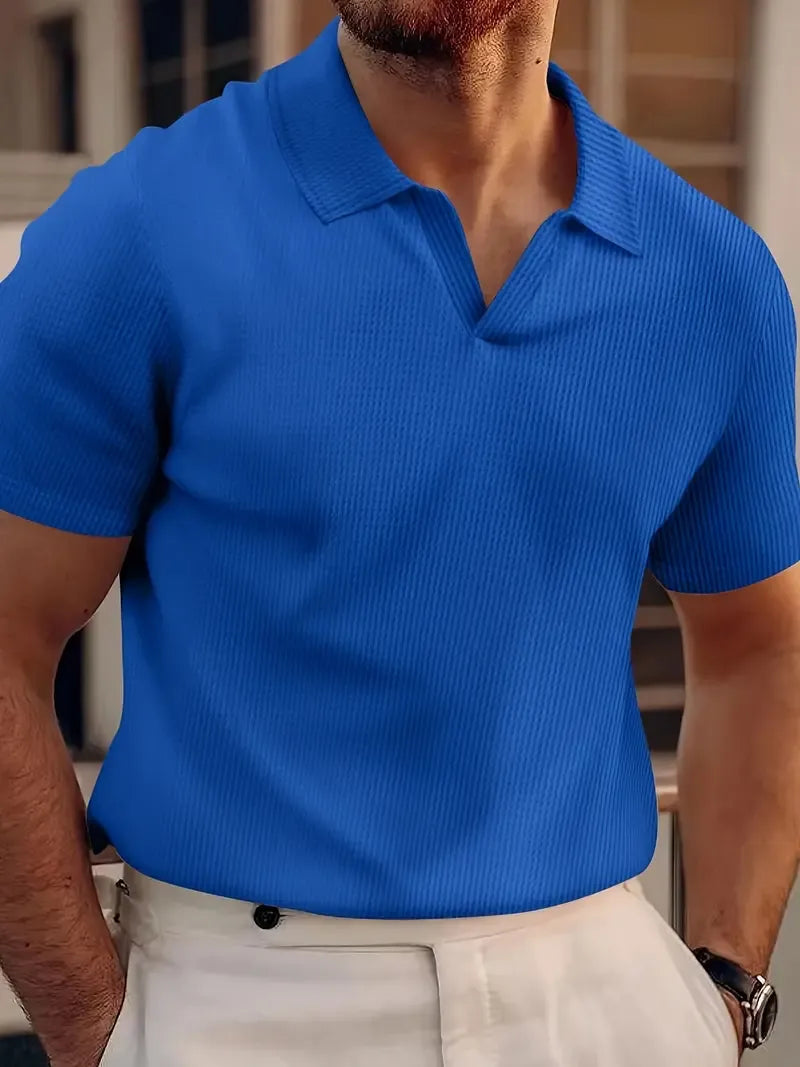Herren Poloshirt – Slim Fit – Waffelstruktur – Kurzarm mit V-Ausschnitt