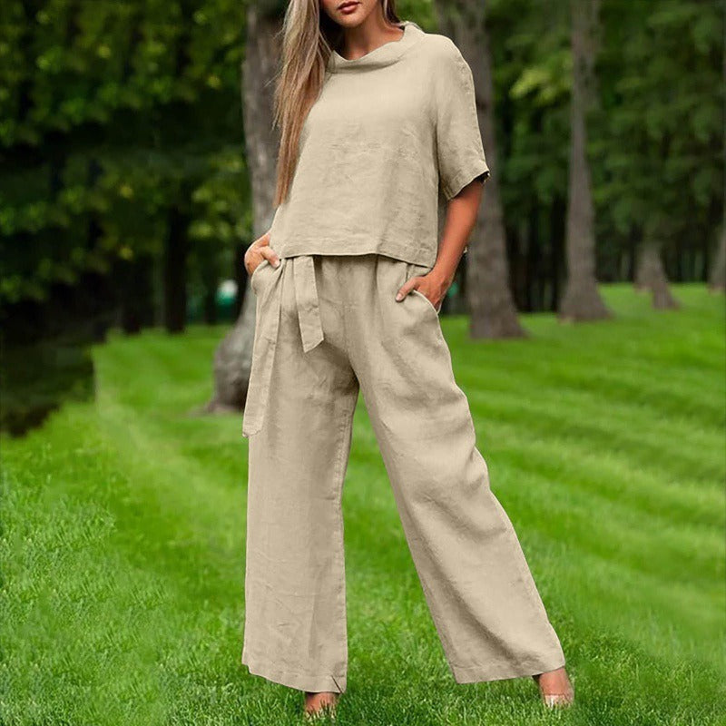 Damen Zweiteiler Set – Lockerer Schnitt – Kurzarm Oberteil – Weite Hose – Baumwollgefühl