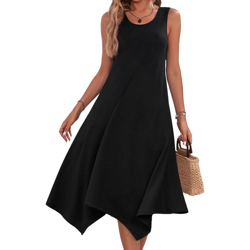 Damen Midikleid – Baumwollmischung – Ärmellos – A-Linie – Asymmetrischer Saum – Abstraktes Muster