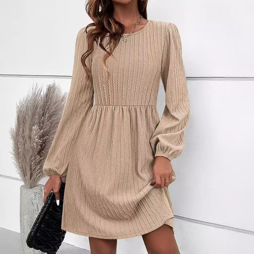 Damen Kleid – Fit and Flare – Strukturiertes Jacquard – Rundhals – Puffärmel Langarm