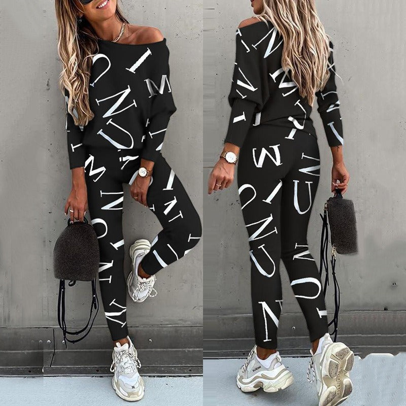 Damen Freizeitanzug – Off Shoulder Top mit Letter Print – Slim Fit Hose – Baumwollmix