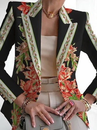 Damen Blazer – Florales Muster – Regular Fit – Schalkragen – Gürtelverschluss