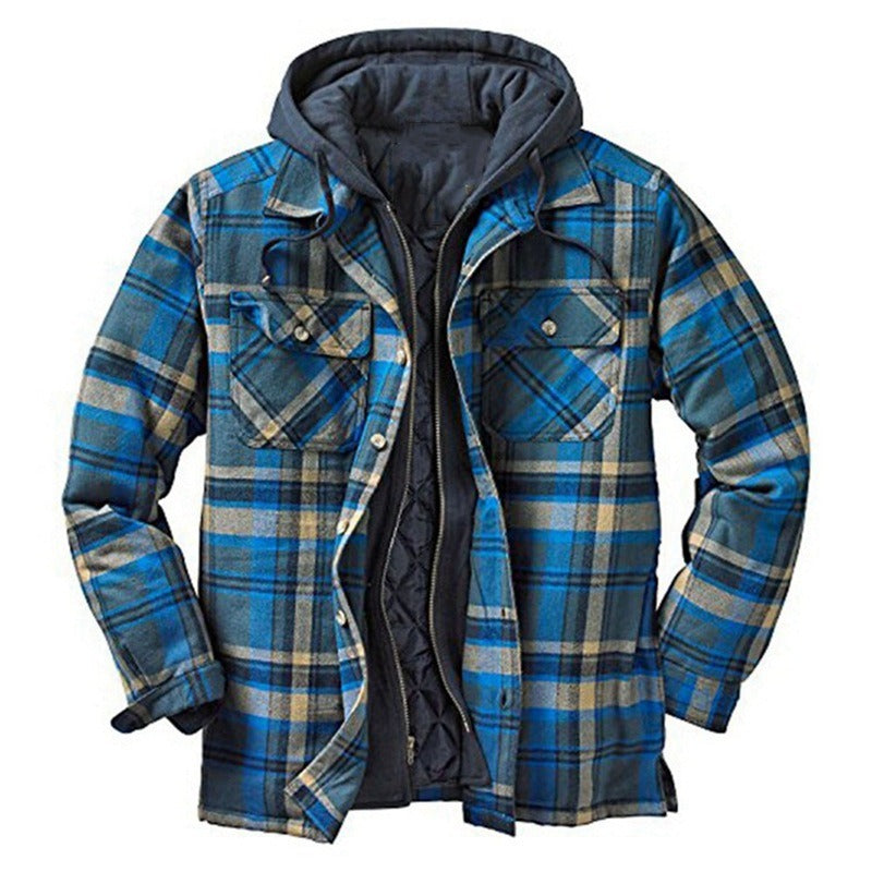Herren Shirtjacke – Lockerer Schnitt – Flanell mit Steppfutter – Kapuze – Reißverschluss