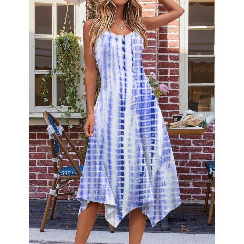 Damen Midikleid – Baumwollmischung – Ärmellos – A-Linie – Asymmetrischer Saum – Abstraktes Muster