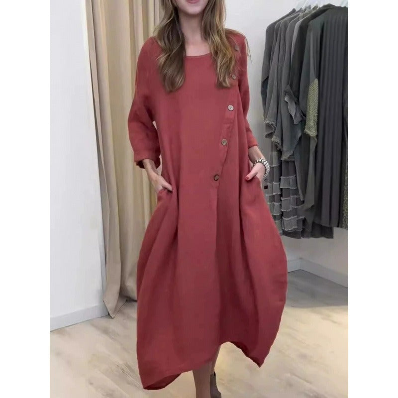 Damen Maxikleid – Lockerer Schnitt – Langarm – Asymmetrischer Saum – Baumwolle Linnen