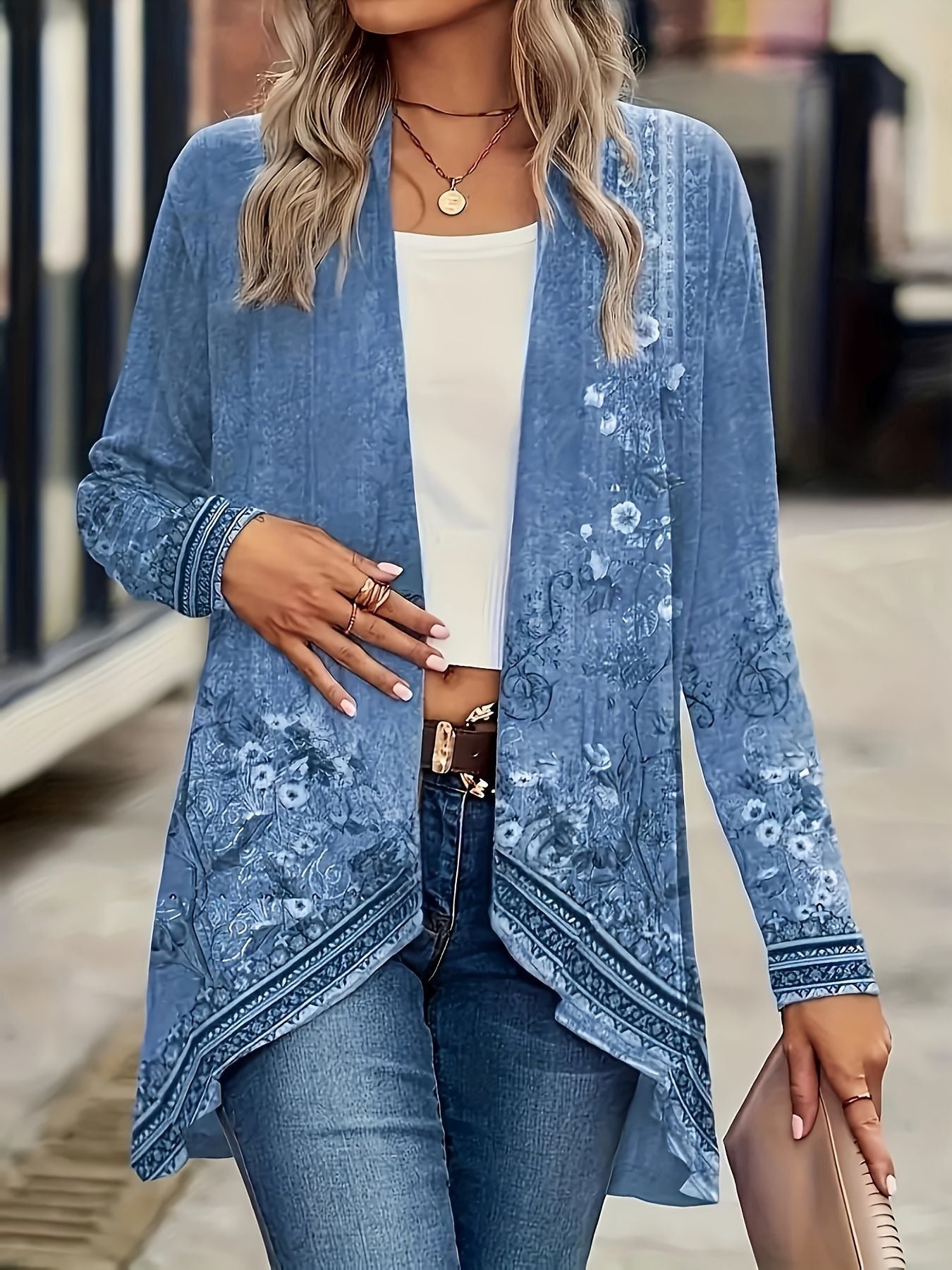 Damen Cardigan – Oversize Passform – Leicht – Offene Front – Blumenmuster – Langarm