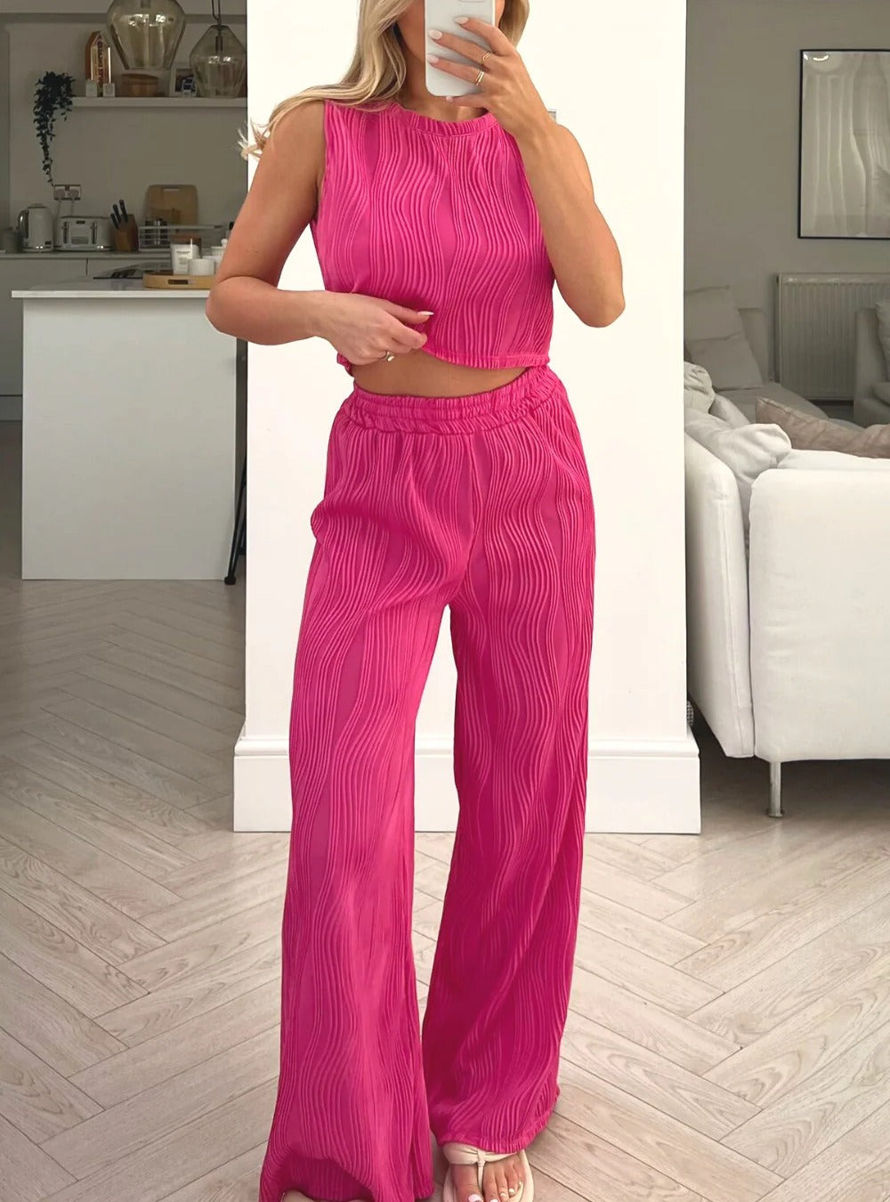 Damen Zweiteiler Set – Geripptes Crop Top ärmellos – Weite High-Waist Hose