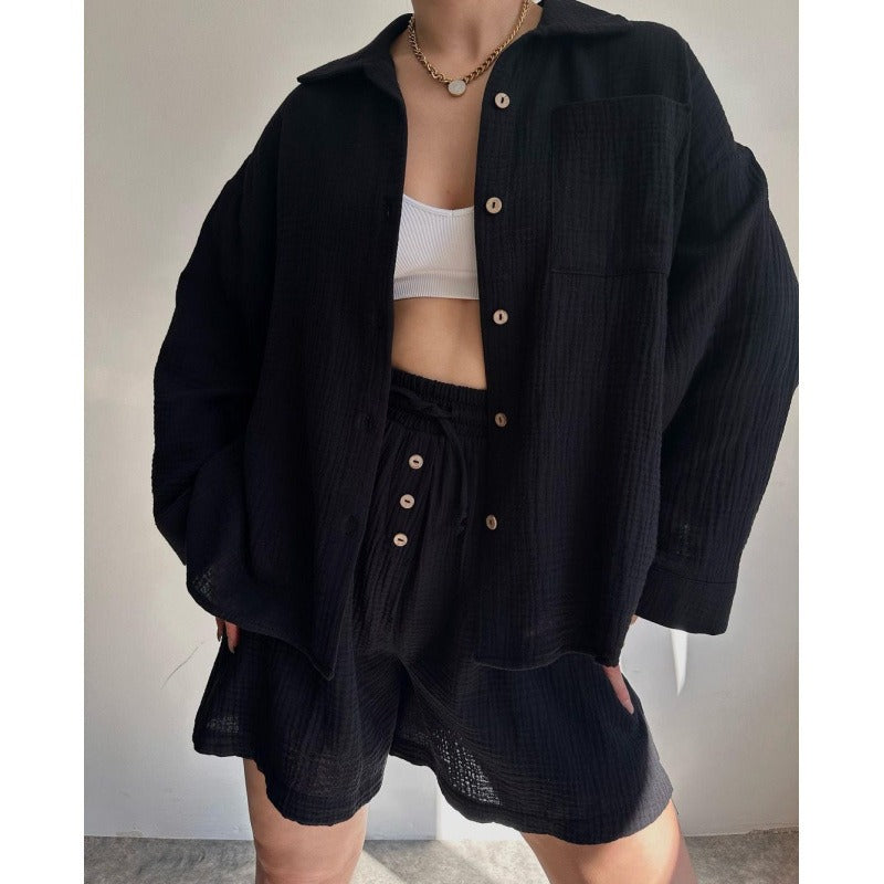 Damen Zweiteiler Set – Langarm Bluse mit Knöpfen – High Waist Shorts mit Kordelzug – Baumwolle