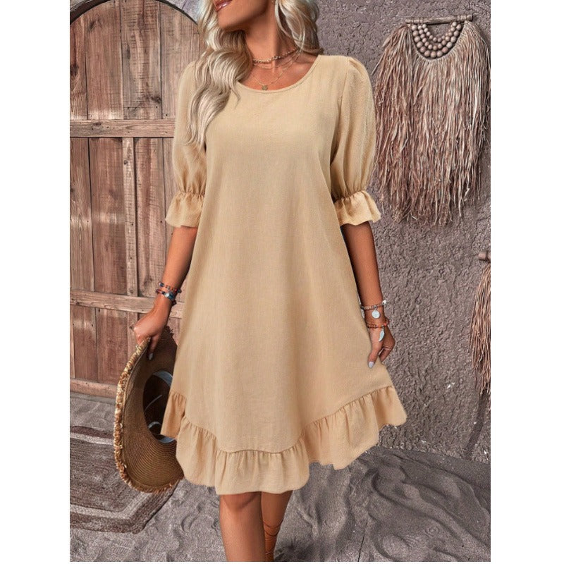 Damen A-Linienkleid – Baumwoll-Leinen – Rüschenbesatz – Mid Sleeve – Lockerer Schnitt