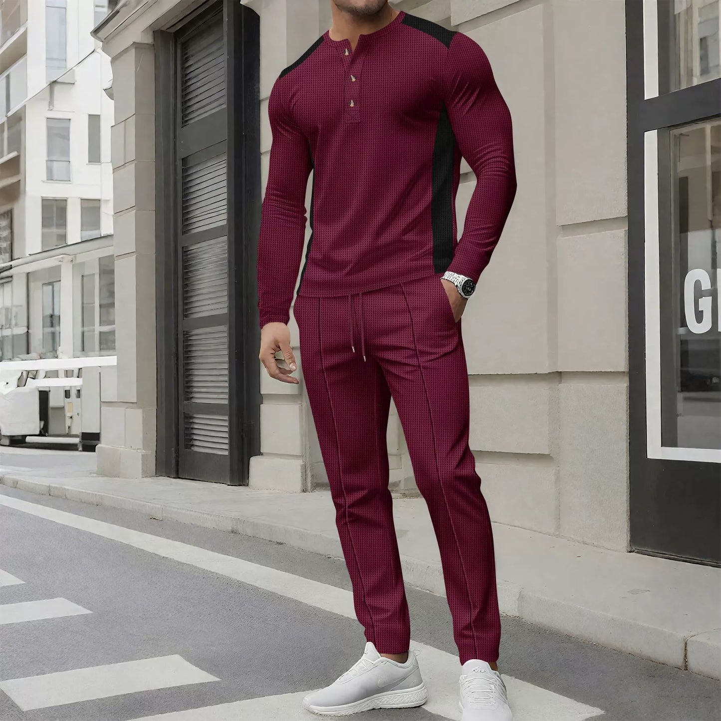 Herren Zweiteiler Set – Slim Fit Henley Shirt und Hose – Waffelstruktur – Knopfleiste