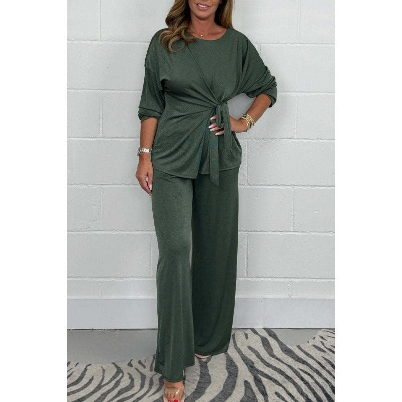 Damen Loungewear Set – Weiches Material – Langarmtop mit Bindegürtel – Weite Hose